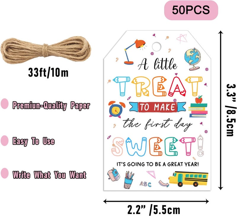 llyinglpdec 50pcs Back to School Treat Tags – First Day of School Gift Tags with String for Teachers, Students, Classrooms – Colorful Welcome Favor Labels 2.2x3.3in - Image 2